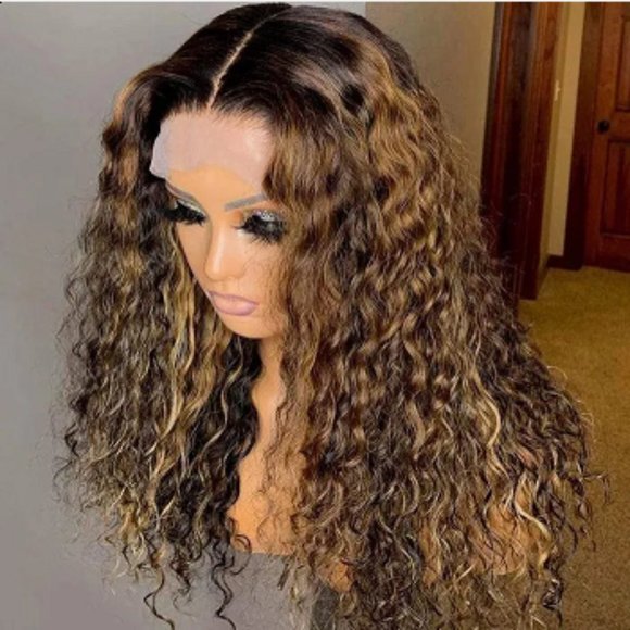 Ombre Honey Blonde  Lace Front Curly Human Hair Wigs - Picture 2 of 3
